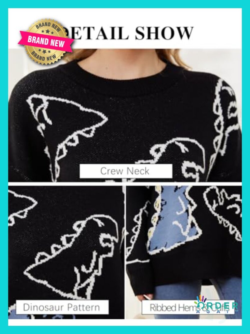 Dinosaur Graphic Knit Sweater Oversized Streetwear Pullover - Picture 5 of 6